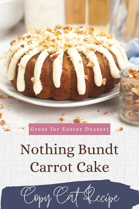 Indulge your sweet tooth with our divine Carrot Bundt Cake! A copycat recipe inspired by the beloved Nothin' Bundt Carrot, this masterpiece is a symphony of fresh carrots, warm spices, and creamy cream cheese frosting topped with pecans. Perfectly moist and bursting with flavor, it's a slice of heaven for any occasion. Elevate your baking game and treat yourself to the magic of homemade goodness. Pin it now for your next baking adventure! Get this bundt cake recipe and more at Grumpy's ... Carrot Bundt Cake Recipe, Carrot Cake Bundt, Carrot Bundt Cake, Carrot Cake Ingredients, Moist Carrot Cakes, Nothing Bundt Cakes, Bundt Cake Recipe, Bundt Cake Pan, Crunchy Pecans