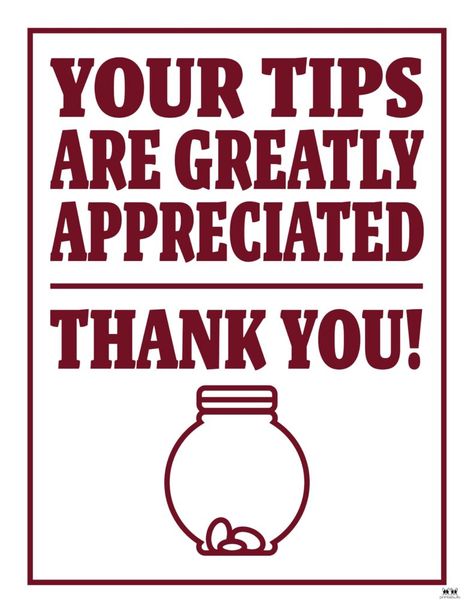 Choose from 12 unique Tip Jar signs to help facilitate generous tips from customers. All signs can be printed from a personal printer and are 100% FREE! Tip Jar Signs Funny, Small Restaurants, Tip Jar, Tip Jars, Out To Lunch, Printable Signs, Funny Signs, Free Printables, Encouragement