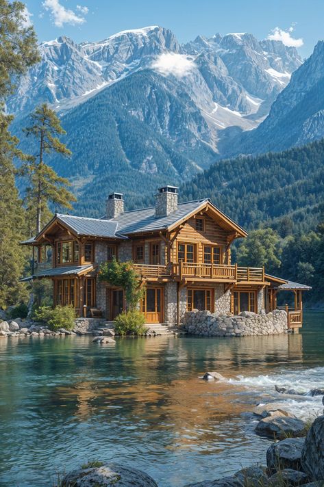 Lakeside Mountain Retreat 🏔️🏡 Lake House Mountains, Canadian Lake House, Houses In Alaska, Mountain Home Aesthetic, Lakeside Architecture, Alaskan House, Lake Side House, Mountains Home, Mountain Lake Home