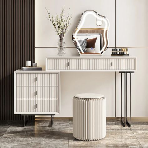 Modern Makeup Vanity For Every Bedroom | Povison Wooden Makeup Vanity, Meja Industrial, Makeup Tables, Makeup Vanity Storage, Modern Vanity Table, Modern Makeup Vanity, Storage Rooms, Modern Makeup, White Stool