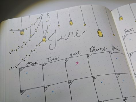 Fairy Lights Doodle, June Bullet Journal Calendar, Aesthetic Headings, 2025 Bujo, June Bullet Journal, Bullet Journal Calendar, December Bullet Journal, Journal Calendar, Twinkly Lights