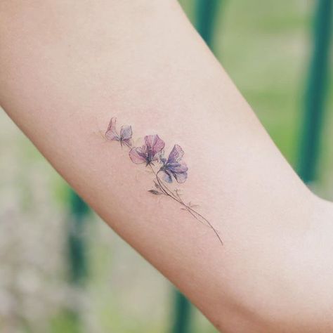 Tattoo Sweet Pea, Sweet Pea Flowers Tattoo, Sweetpea Flower Tattoo, Pea Flower Tattoo, Sweet Pea Flower Tattoo, Flower Tattoo Meaning, Sweet Pea Tattoo, Floral Watercolor Tattoo, Pansy Tattoo