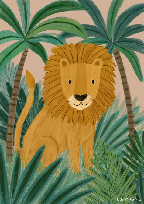 An illustration of a lion sitting amongst palm trees, by Kate McFarlane. Rhino Illustration, Jellyfish Illustration, Squirrel Illustration, Window Illustration, Lion Illustration, Jungle Illustration, Tiger Illustration, Rabbit Illustration, Japon Illustration