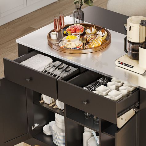 Black Kitchen Cart with Stainless Steel Top, Modern Kitchen Island with Storage, Engineered Wood Kitchen Cart with Drawers and  Doors. Stainless Steel Top Kitchen, Steel Top Kitchen, Outlet Kitchen, Kitchen Island With Storage, Drop Leaf Kitchen Island, Stainless Steel Kitchen Island, Portable Kitchen Island, Black Kitchen Island, Kitchen Help