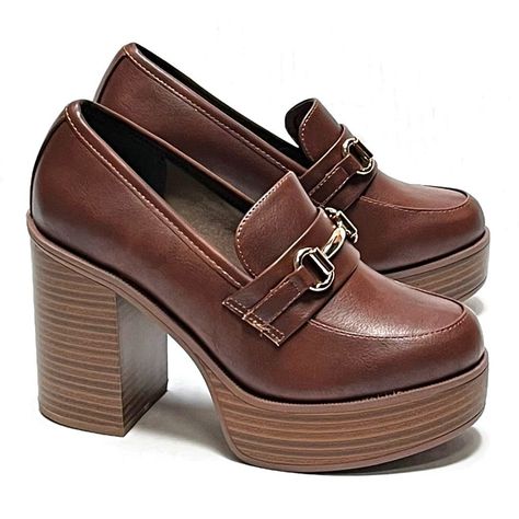 Brown Loafers Platform, Brown High Heel Loafers, Brown Loafer Heels, Platform Loafers Outfit, Chunky Heeled Loafers, Leather Flats Women, Comfy Heels, Brown Leather Flats, Black Leather Flats