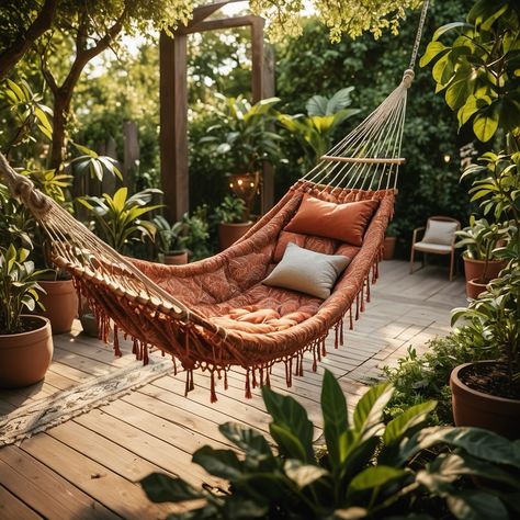 Transform your backyard into a relaxing retreat by adding a hammock! ❂ ➸ Opt for a neutral-colored hammock to seamlessly blend with your decor, or add a pop of color for a playful twist. ➸ Choose a sturdy spot between two trees or use a hammock stand for easy setup. ❂  #modernboho #modernbohooasis #modernart #neutrals #neutralstyle #neutralstyledhome #interiordesign #interiordesignideas #interiors #interiør #interiör #interiordecor #texturedart #texturedpainting #texturedabstract #wabisabi #japandi #scandinavian #scandinavianstyle #summer #backyard #patio #patioinspo #hammock Garden Hammock Aesthetic, Hammock Outside, Hammock On Deck, Forest Hammock, Hammock Ideas Backyard, Neutral Backyard, Backyard Hammock Ideas, Hammock Ideas, Nice Room