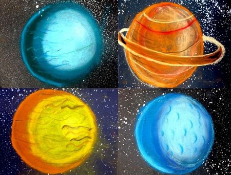 5th Grade Chalk Planets - Teach Junkie - Teach shading techniques with a planets space art project. Here is a chalk art project for fifth grade that focuses on the basics of art like shading a sphere. Students pick a planet to illustrate and use chalk to create the colors and shading. With a stunning a bold piece of art like this, what’s not to love? Space Art Projects, Outer Space Art, Solar System Art, 4th Grade Art, Classroom Art Projects, Shading Techniques, Planets Art, Easy Art Projects, Elementary Art Projects