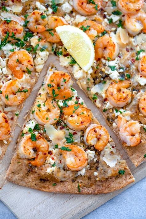 Shrimp Scampi Pizza Shrimp Scampi Pizza, Scampi Pizza, Shrimp Bake, Shrimp Pizza, Pizza Dough Ingredients, Cooked Shrimp, Whole Wheat Pizza, Steak And Shrimp, Cookies Ideas