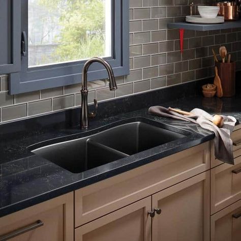 KOHLER Kennon Dual Mount Neoroc Granite Composite 33 in. 1-Hole Double Bowl Kitchen Sink in Matte Black K-RH8185-1-CM1 Kitchen Sink Drainboard, Ranch Interior, Cast Iron Kitchen Sinks, Granite Composite Kitchen Sink, Small Kitchen Sink, Composite Sinks, Modern Kitchen Sinks, Black Kitchen Sink, House Redo