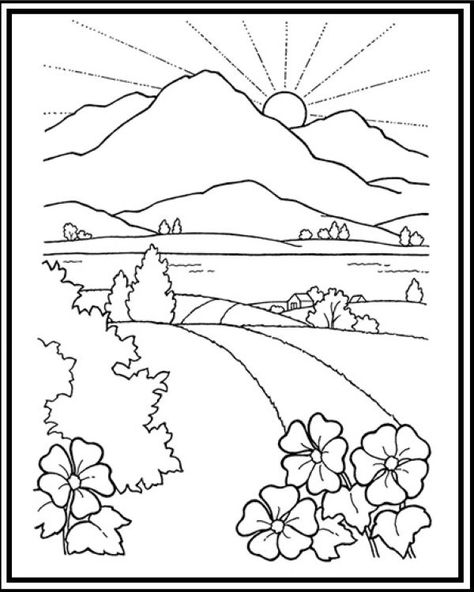 road-to-mountain-and-sunset-scenery-coloring-sheet - Free Great Mountain Scenery Coloring Pages Printable 13 Articles Of Faith, Scenery Drawing For Kids, Coloring Pages Nature, Articles Of Faith, Landscape Quilts, Colouring Printables, Pola Sulam, Tree Drawing, Landscape Drawings