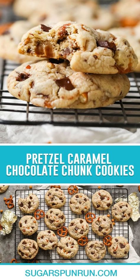 Caramel Pretzel Chocolate Chunk Cookies - Sugar Spun Run Chocolate Chip Caramel Pretzel Cookies, Cookies With Pretzels In Them, Chocolate Chip Pretzel Cookies, Pretzel Chocolate Chip Cookies, Caramel Pretzel Cookies, Pretzel Cookie, Chocolate Caramel Brownies, Pretzel Chocolate, Balsamic Glaze Recipes