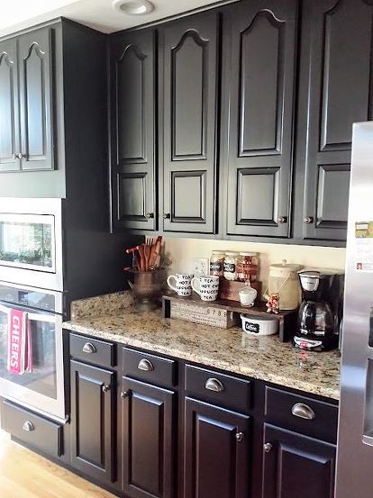 Kitchen With Black Cabinets, Oak Kitchen Cabinets, Black Kitchen Cabinets, New Kitchen Cabinets, Kitchen Cabinets Makeover, Oak Kitchen, Long Journey, Dark Cabinets, Diy Kitchen Cabinets