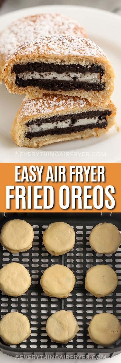 Air Fryer Fried Oreos can be eaten warm or cold. Oreos are wrapped in a flaky crescent roll dough then air fried until they are golden and delicious. #everythingairfryer #airfryerfriedoreos  #recipes #dessert #deepfriedoreosinairfryer #fried #make #pillsbury #withcrescentrolls #biscuit #inanairfryer #easyrecipe Fried Oreo Recipe, Air Fryer Fried Oreos, Fried Oreo, Air Fryer Dessert Recipes, Oreo Recipe, Air Fryer Dessert, Air Fryer Recipes Dessert, Air Fryer Desserts, Mini Pumpkin Cheesecake