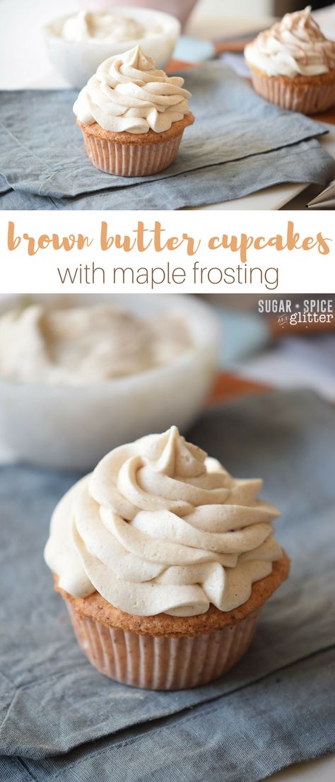 What vanilla cupcakes want to be when they grow up - these Brown Cutter Cupcakes with Maple Frosting are a sophisticated take on the classic cupcake, with melt-in-your-mouth brown butter cake and perfectly balanced maple frosting. The perfect fall dessert if you want an alternative to everything pumpkin spice Butter Cupcake Recipe, Maple Frosting, Buckwheat Cake, Butter Cupcakes, Fall Cupcakes, Summer Baking, Fall Dessert, Halloween Desserts, Vanilla Cupcakes