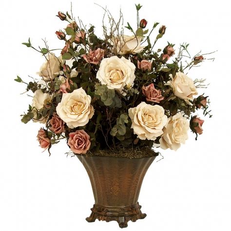 Abundance of Roses Fake Flowers In Vase, Silk Flower Decor, Silk Floral Centerpiece, Elegant House, October Flowers, Spring Flower Arrangements, Altar Flowers, Power Design, Hydrangea Arrangements