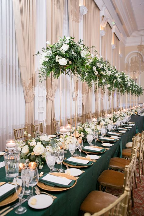 Holiday Inspired Green And Gold South Tampa Wedding | Palma Ceia Country Club - Marry Me Tampa Bay | Most Trusted Wedding Vendor Search And Real Wedding Inspiration Site Green White And Gold Wedding, Sentimental Wedding, Greenery Bouquet, Green Wedding Flowers, Wedding Design Inspiration, Tall Centerpieces, Holiday Wedding, Wedding Table Centerpieces, Wedding Invitation Design