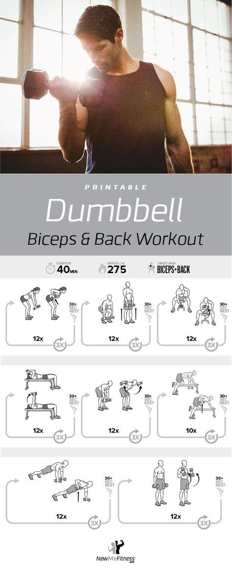 Biceps And Back Workout, Newme Fitness, Back Bicep Workout, Dumbbell Bicep Workout, Workout Printable, Back And Bicep Workout, Dumbbell Workout At Home, Bicep Workout, Card Workout