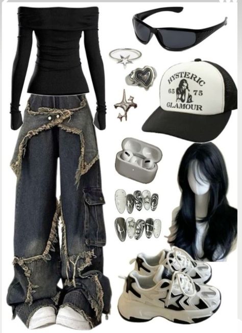 Y2k Clothes Grunge, Y2k Rock Outfits, Y2k Clothes Ideas, Accessories To Add To Outfits, Gothic Y2k Outfits, Y2k Black Outfit, Y2k Outfits Women, Y2k Clothing Aesthetic, Gothic Aesthetic Outfit