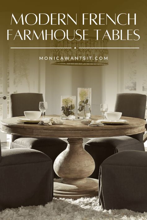 Modern, classic french farmhouse tables for every budget, plus tips and ideas for finding a secondhand dining table to refurbish or paint. Modern Farm House Dinner Table, Mordern Farmhouse Dining Table, French Country Long Dining Room Table, Round Dining Table With Bench, French Chateau Dining Table, French Farm House Table, Farmhouse Dining Tables, Antique Farm Table, Modern French Farmhouse