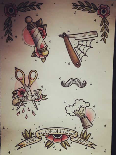 Neo Traditional Barber Tattoo, Sailor Jerry Barber Tattoo, Barbershop Tattoo Design, American Traditional Straight Razor, Female Barber Tattoo Ideas, Barber Traditional Tattoo, American Traditional Barber Tattoo, Small Barber Tattoo Ideas, Barber Drawing Ideas