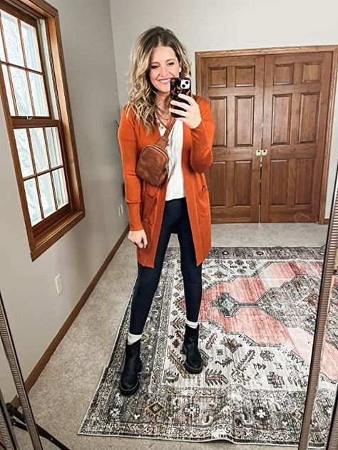 Burnt Orange Cardigan Outfit, Orange Cardigan Outfit, Walmart Boots, Orange Sweater Outfit, Winter Cardigan Outfit, Spring Sweater Outfits, Burnt Orange Cardigan, Burnt Orange Sweater, Orange Cardigan