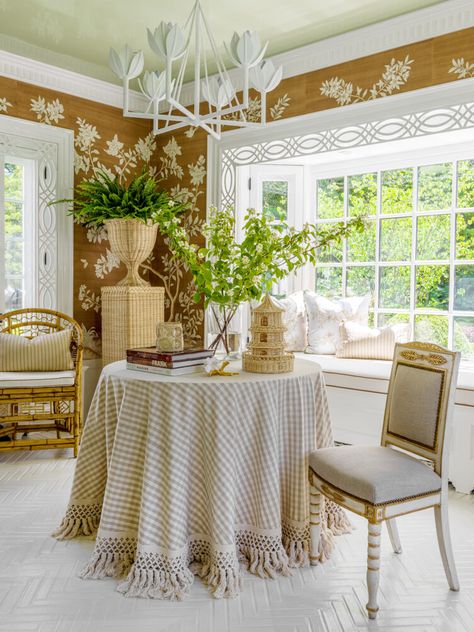 Skirted Table, Gracie Wallpaper, Guest Bedroom Design, Samuel And Sons, Elegant Dining Room, Table Skirt, Lake Forest, Elegant Dining, Beautiful Interiors