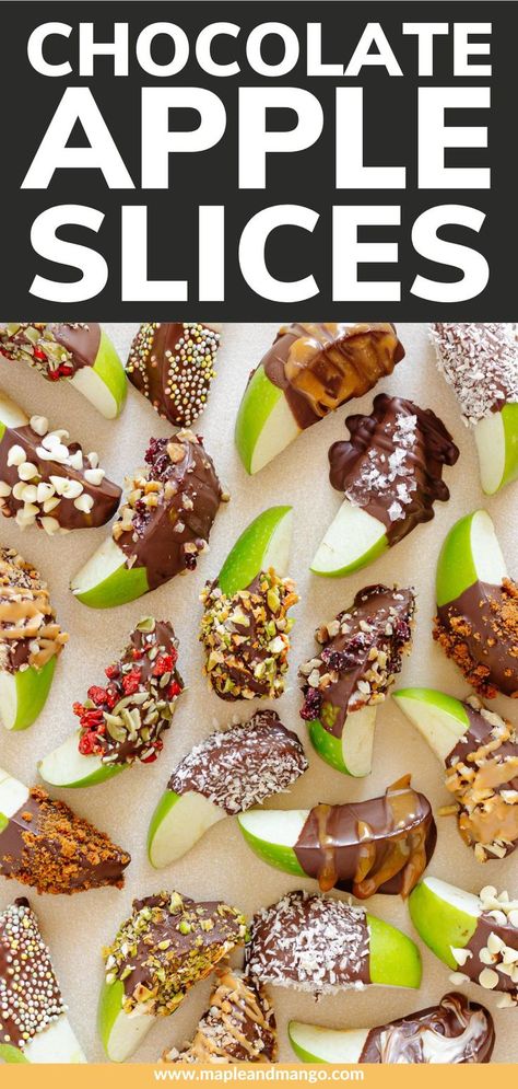 Take your snack game up a notch with these delicious chocolate dipped apple slices. Easy to make and totally customizable with all your favorite toppings! | www.mapleandmango.com Chocolate Dipped Apples Slices, Chocolate Dipped Apple Slices, Chocolate Dipped Apples, Chocolate Apple Slices, Apple Nachos, Chocolate Apples, Chocolate Garnishes, Game Snacks, Apple Dip