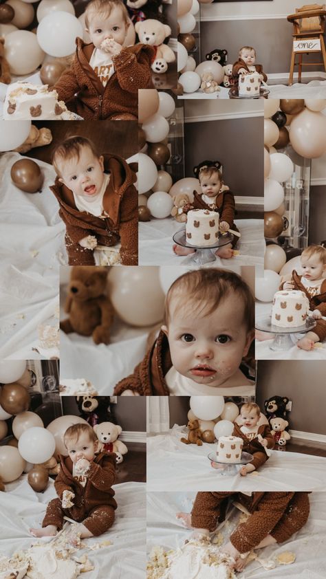 Multiple images making an over lapping collage. 1 year old wear a teddy bear outfit and eating a cake. Balloons, teddy bears and high chair can be seen in the background. Bear Cake Smash 1st Birthdays, Bear Themed Cake Smash, Bear First Birthday Photoshoot, Beary First Birthday Cake Smash, Bear Theme 1st Birthday Party, Teddy Bear Smash Cake, Teddy Bear Cake Smash, Beary First Birthday Boy, Bear Smash Cake