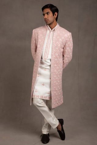 Buy Blue Linen Silk Embroidered Jacket And Pant Set For Men by Jatin Malik Online at Aza Fashions. Baby Pink Kurta For Men, Kurta Fashion, Grooms Outfit, Jodhpuri Suits, Mens Wardrobe, Sherwani For Men Wedding, Wedding Kurta, Wedding Kurta For Men, Embroidered Sherwani