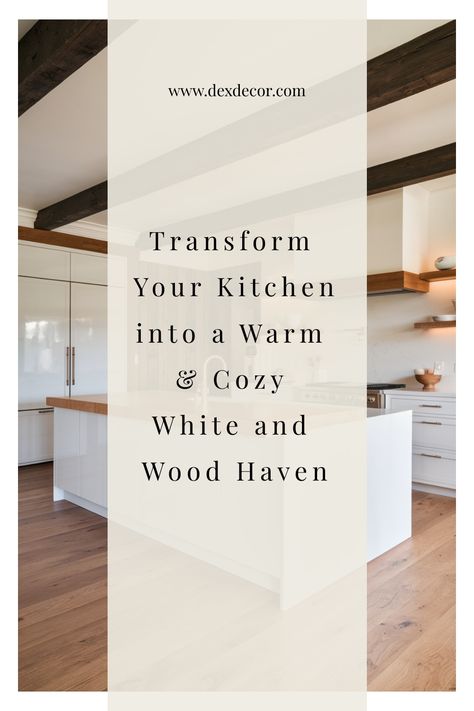 Modern kitchen with white cabinetry, wooden beams, and open shelves. How To Add Warmth To A White Kitchen, Adding Warmth To A White Kitchen, White Kitchen Wood Accents, White On White Kitchen, Wood And White Kitchen, Warm White Kitchen, Kitchen Flooring Trends, Kitchen Tile Inspiration, Ensuite Bathroom Designs