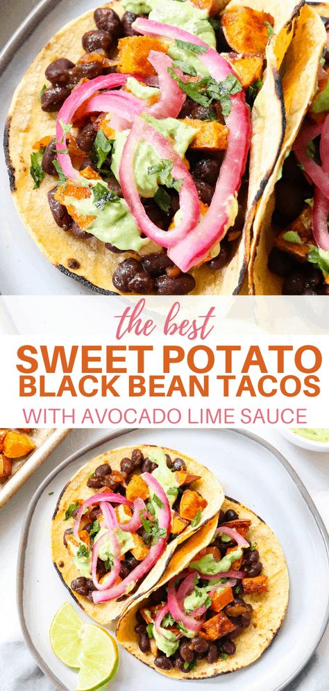 Healthy baked sweet potato black bean tacos that you must try! Flavor packed black beans mixed with crispy roasted sweet potato piled into corn tortillas and topped with a creamy avocado lime sauce and pickled red onion. Gluten-free with a vegan option. A great healthy main dish everyone will love! Sweet Potato Black Bean Tacos, Vegan Greek Yogurt, Sweet Potato Black Bean, Authentic Mexican Recipes, Sweet Potato Tacos, Black Bean Tacos, Potato Tacos, Sweet Potato Black Beans, Bean Tacos