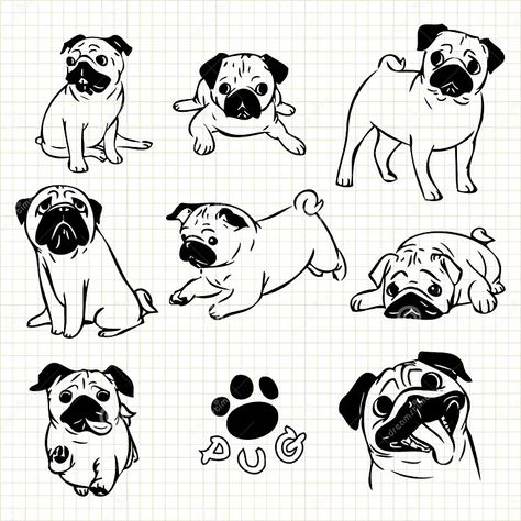 Pug Crafts, Blue Pug, Pug Tattoo, Pug Pictures, Pug Art, Monster Drawing, Easy Animals, Elements Design, Dog Line