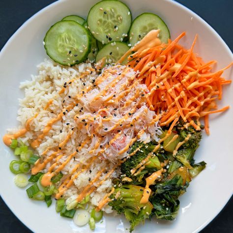 Snow Crab Power Bowl Light Healthy Lunch, Crab Bowl, Rice Avocado, Spot Prawns, Salmon Dip, Snow Crab, Power Bowl, Shredded Carrots, Dungeness Crab