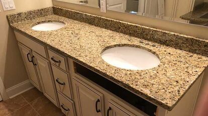 What Paint Colors Go With New Venetian Gold Granite? | Upgradedhome.com Gold Granite Bathroom Vanity, Bathroom Beige Granite Countertops, Beige Countertops Bathroom Cabinet Colors, Bathroom Ideas Brown Countertop, Tan Granite Bathroom, Speckled Granite Countertops Bathroom, Brown Granite Countertops Color Scheme Bathroom, Beige Granite Countertops Bathroom, Venetian Gold Granite Bathroom