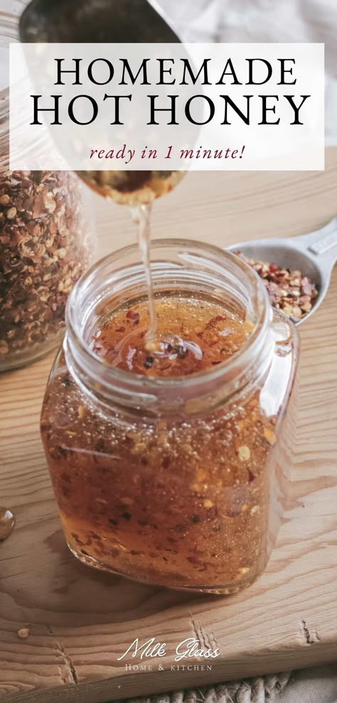 Spicy hot honey has become one of the most popular condiments over the past couple of years, but save your cash and make it at home! You still get the sweet, tangy, fiery flavor without having to leave the comfort of your home. Plus, this spiced honey recipe is ready in about 1 minute! Hot Honey Butter Recipe, How To Infuse Honey, Diy Hot Honey, Fire Honey Recipe, Creamed Honey How To Make, How To Make Hot Honey, Hickory Syrup, Fire Honey, Make Hot Honey