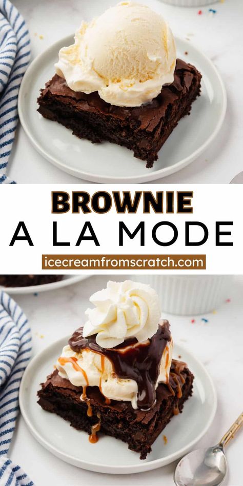 Brownies And Vanilla Ice Cream, Ice Cream Brownie Sundae, Ice Cream Brownie Dessert, Ice Cream And Brownies, Ice Cream With Brownie, Brownies With Ice Cream On Top, Brownie Sundae Recipes, Brownie Ice Cream Desserts, Brownie And Ice Cream Dessert