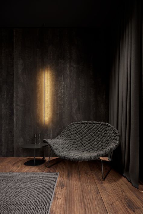 Moonshadow on Behance Sleeping Room Design, Large Living Room Layout, Minimalist Furniture Design, Black Bedroom Design, Living Area Design, Dark Interiors, Livingroom Layout, Architecture Visualization, Home Room Design