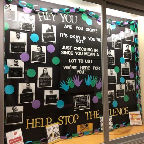 School Wellbeing Display, Mental Health Door Ideas Classroom, Prevention Bulletin Board, Mens Mental Health Bulletin Board, Safeguarding Display Board, High School Bulletin Board Ideas Hallways, Mental Health Booth Ideas, School Display Case Ideas, Wellbeing Wall