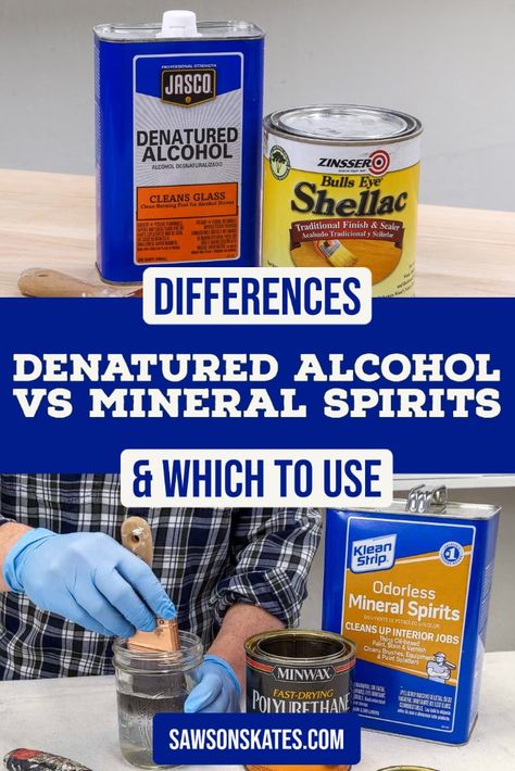 What are the differences between denatured alcohol and mineral spirits? I’ll explain the distinctions in this side-by-side comparison! Mineral Spirits Clean Wood, Denatured Alcohol To Strip Wood, Woodwork Tips, Cleaning Wood Furniture, Woodworking Hacks, Dusting Spray, Stripping Furniture, Alcohol Stove, Furniture Cleaner