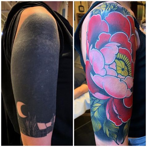 Covered up Jennifer’s black quarter sleeve with this pink and red peony. This is two sessions in. . . . . . . . . . . #tattoo #tattoos… All Black Tattoo Cover Up, Do It Yourself Tattoo, Cover Up Tattoos Before And After, Arm Cover Up Tattoos, Tatuaje Cover Up, Best Cover Up Tattoos, Tattoo Artists Near Me, Coverup Tattoo, Black Tattoo Cover Up