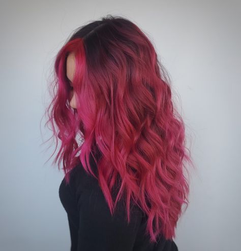 Hot Pink Baylage Hair, Pinky Red Hair Colour, Fuschia Ombre Hair, Pink Halo Hair Color, Red And Pink Balayage, Dark Pink To Light Pink Hair, Hot Pink Hair With Dark Roots, Pink Dimensional Hair, Red And Hot Pink Hair