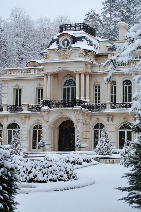 Grand mansion covered in snow surrounded by frosty trees. Embark on a whirlwind tour of luxurious abodes where opulence meets whimsy, leaving you green with envy and ideas for your next home upgrade. My Luxury Life, Estate Home Interior, Snow House Aesthetic, Old Rich House, Victorian House Aesthetic, House Inspo Exterior, Opulence Aesthetic, Winter Mansion, Parisian Mansion