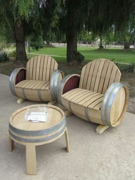 Barrel chairs Diy Barrel, Wine Barrel Chairs, Barrel Projects, Wine Barrel Furniture, Barrel Table, Barrel Furniture, Wine Barrels, Backyard Furniture, Whiskey Barrel