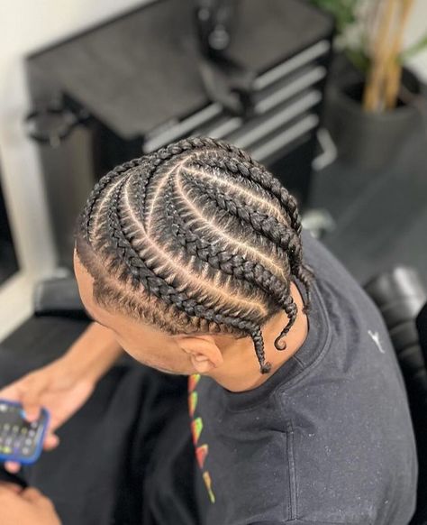 Sideway Braid Hairstyles, Plaque Braids Men, Hairstyles For Men Twist, Men’s Hair Styles Cornrows, Braids With Buns In Back, Corn Rows With Design, Black Mens Hairstyles Braids, 4 Men’s Braids, Swirly Cornrows