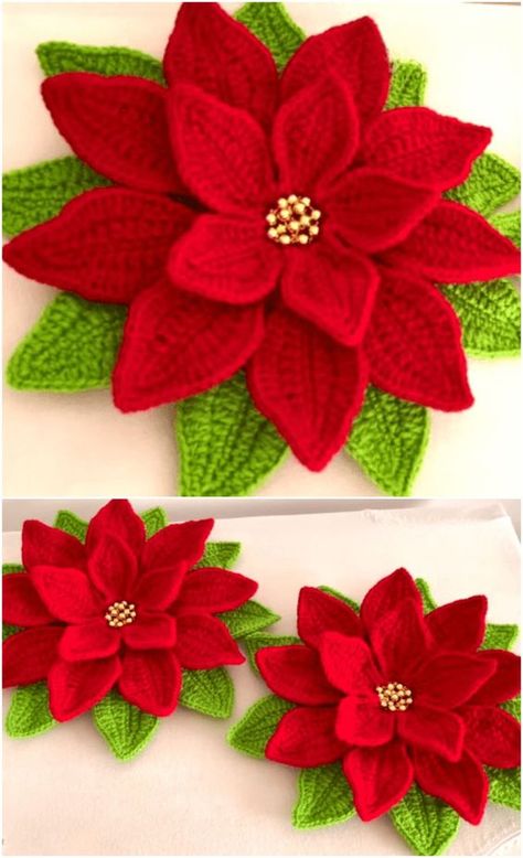 Crochet Beautiful Christmas Flower Crochet Pointsetta Flower, Poinsettia Crochet Pattern, Mistletoe Crochet Pattern Free, Poinsettia Crochet Pattern Free, Crochet Christmas Flowers, Crochet Poinsettia Free Pattern, Diy Fall Ideas, Crazy Crochet, Crochet Beautiful