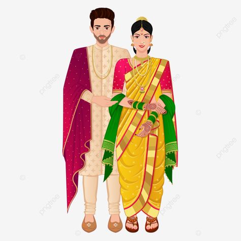 Marathi Couple, Wedding Animation, Saree Bride, Bridal Asia, Bride Clothing, Couple Illustration Wedding, Bride And Groom Cartoon, Wedding Couple Cartoon, Sangeet Ceremony