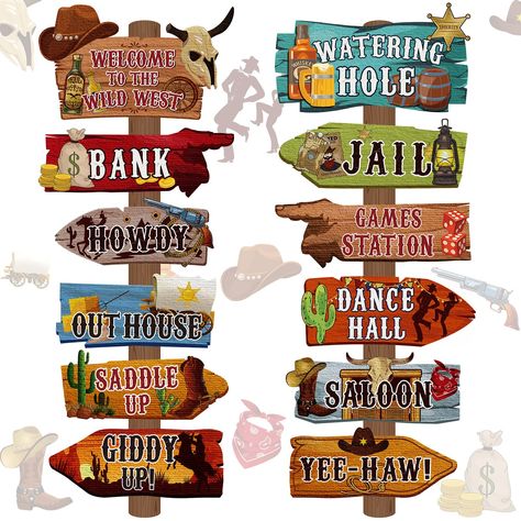 PRICES MAY VARY. Classic Design: western cowboy signs are full of western cowboy theme atmosphere, many classic elements of western cowboy appear on these cutouts, such as banks, horns, leather shoes, horses, etc., the form of the font is convenient for your use and reading, and effectively conveys a festival atmosphere What You Can Receive: you will receive 24 pieces of western cowboy themed directional signs and 3 pieces of 60 pieces of glue points [wooden sticks are not included], the quantit Welcome Sign Decor, Country Western Parties, Western Party Decorations, Western Signs, Cowboys Sign, Wild West Theme, Wild West Party, Western Birthday Party, Horse Birthday Parties