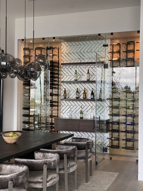 Wine Cellar Wall, Wine Storage Wall, Wine Room Design, Glass Wine Cellar, Whiskey Room, Wine Closet, Custom Wine Cellars, Home Wine Cellars, Stylish Dining Room