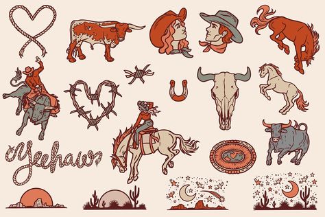 Wild & Western • Cowboy illustration by Pony Gold Studio on @creativemarket Western Sleeves Designs, Cowboy Flash Art, Western Flash Art, Pony Gold Illustration, Western Illustration Art, Cowboy Vintage Aesthetic, Cowboy Aesthetic Tattoo, Retro Western Aesthetic Wallpaper, Cowboy Art Print