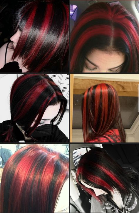 Red And Back Hair, Chunky Red And Black Highlights, Black And Red Skunk Hair, Red And Black Hair Highlights, Red Hair Dye Tips, Colored Layered Hair, Red And Black Peekaboo Hair, Skunk Hair Dye Red, Hair Dye For Dark Brown Hair